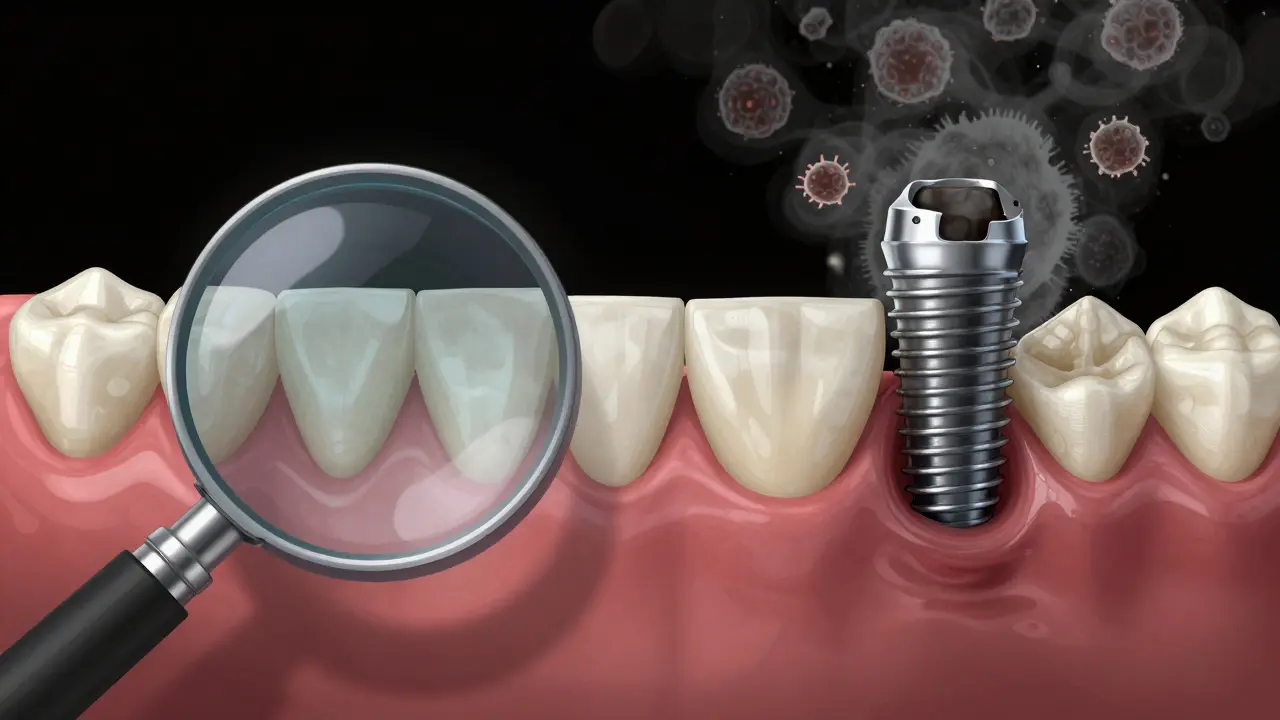 Contrasting images of healthy vs. infected dental implant with bone loss and bleeding gums.