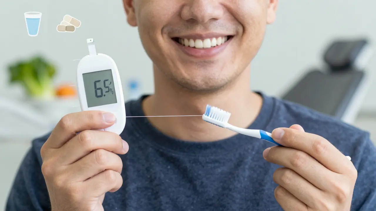 Diabetik se usmívá, drží testovací proužek s hodnotou cukru a zubní kartáček.