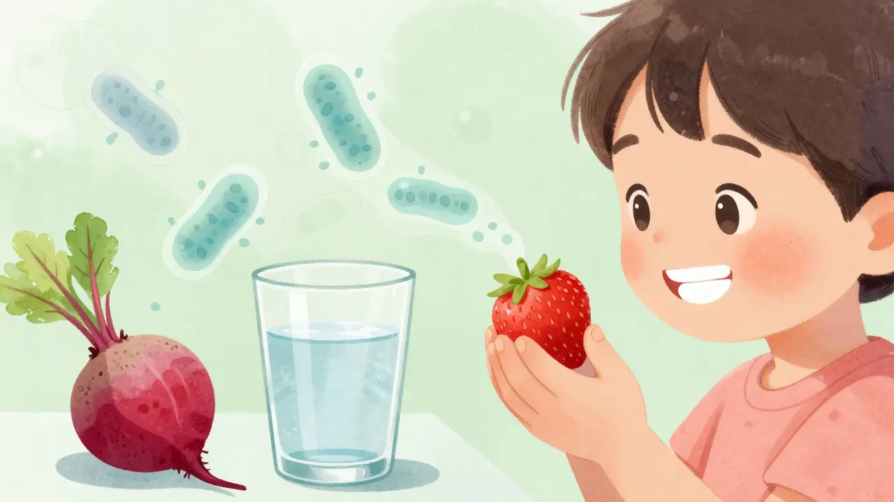 Dítě drží jahody a řepu vedle sklenice vody, symbolizující přírodní způsob péče o zuby.