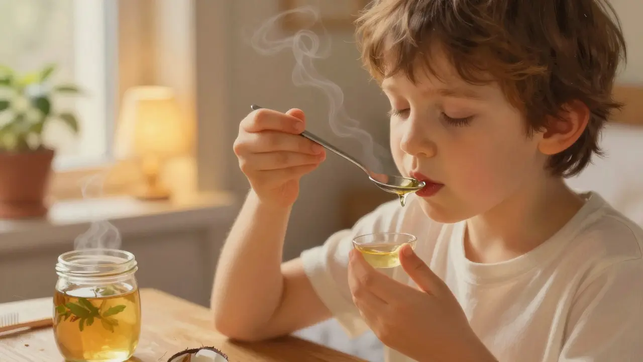 Dítě provádí olejový výplach s kokosovým olejem ve věčerní atmosféře s teplým osvětlením.