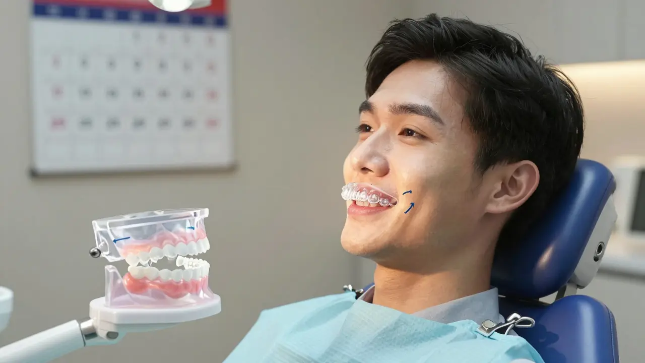 Dospělý pacient s neviditelnými ortodontickými přezůvky v zubní klinice.