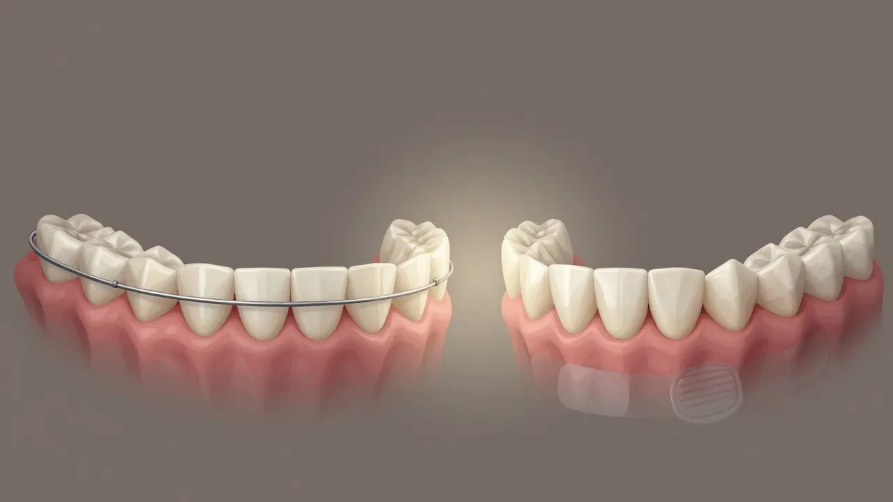 Dvě sady zubů: jedna zarovnaná s fixní retencí, druhá začínající se vracet do původní polohy.