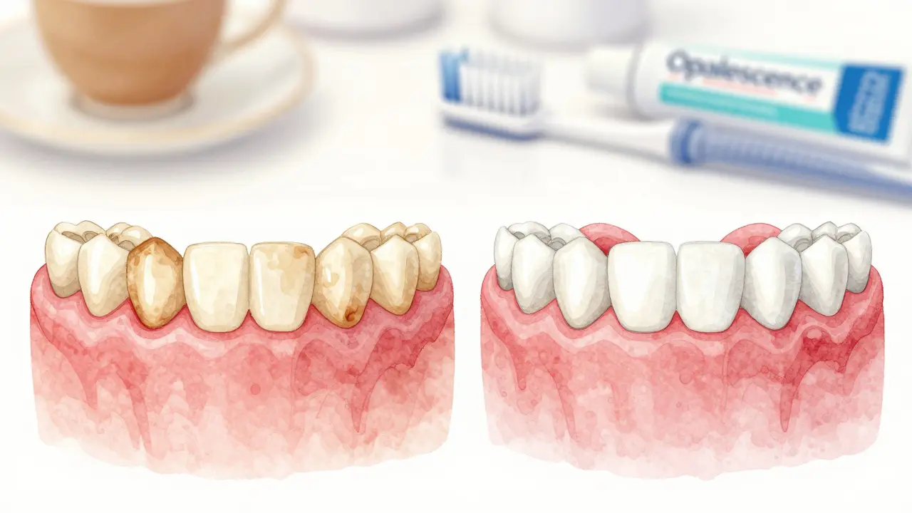 Dvě sady zubů: jedny ztmavené, druhé zjasněné po bělení.