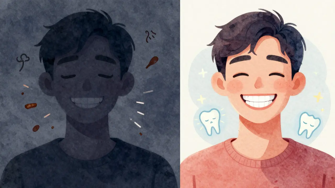 Dvě strany jedné osoby: jedna s křivými zuby a bolestí, druhá se zdravým úsměvem a jasnými zuby.