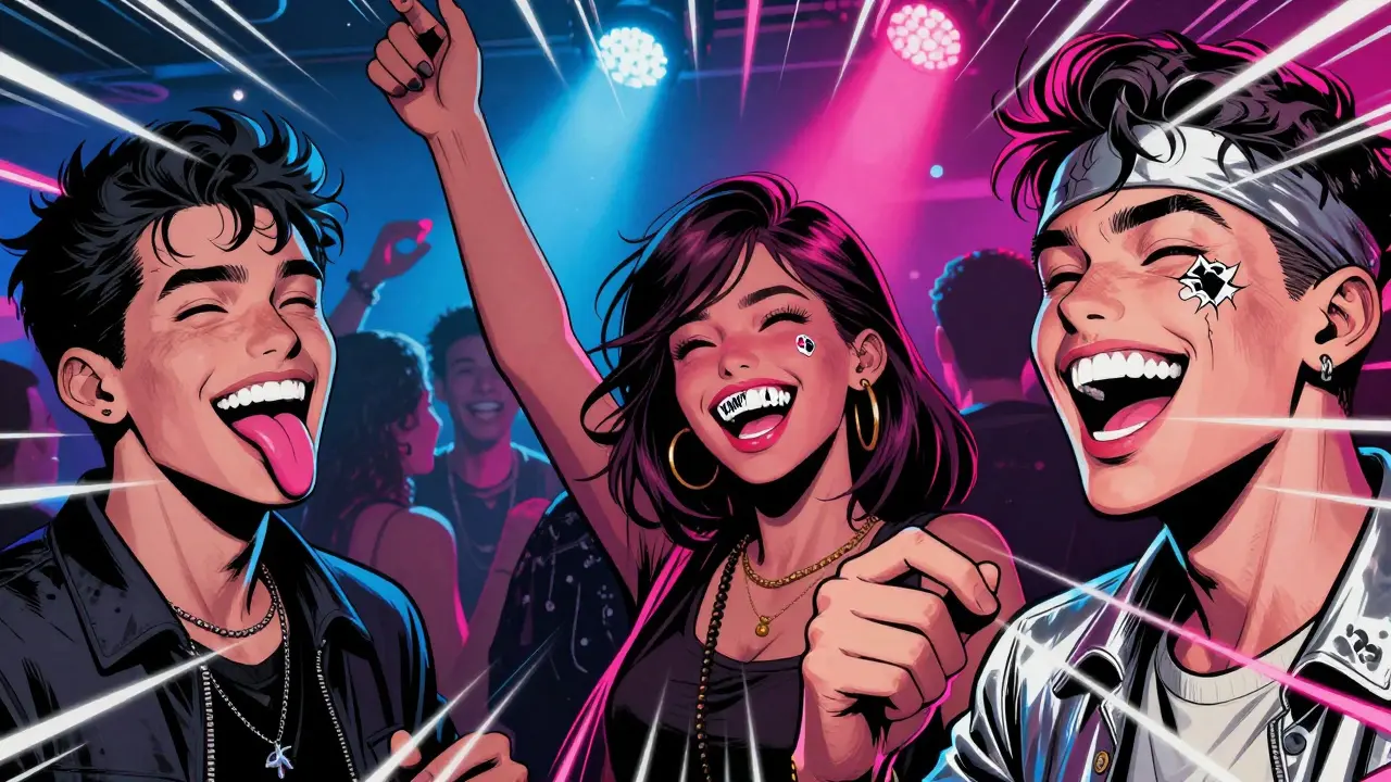 Group of young people at a club wearing colorful decorative dental stickers, laughing under neon lights.