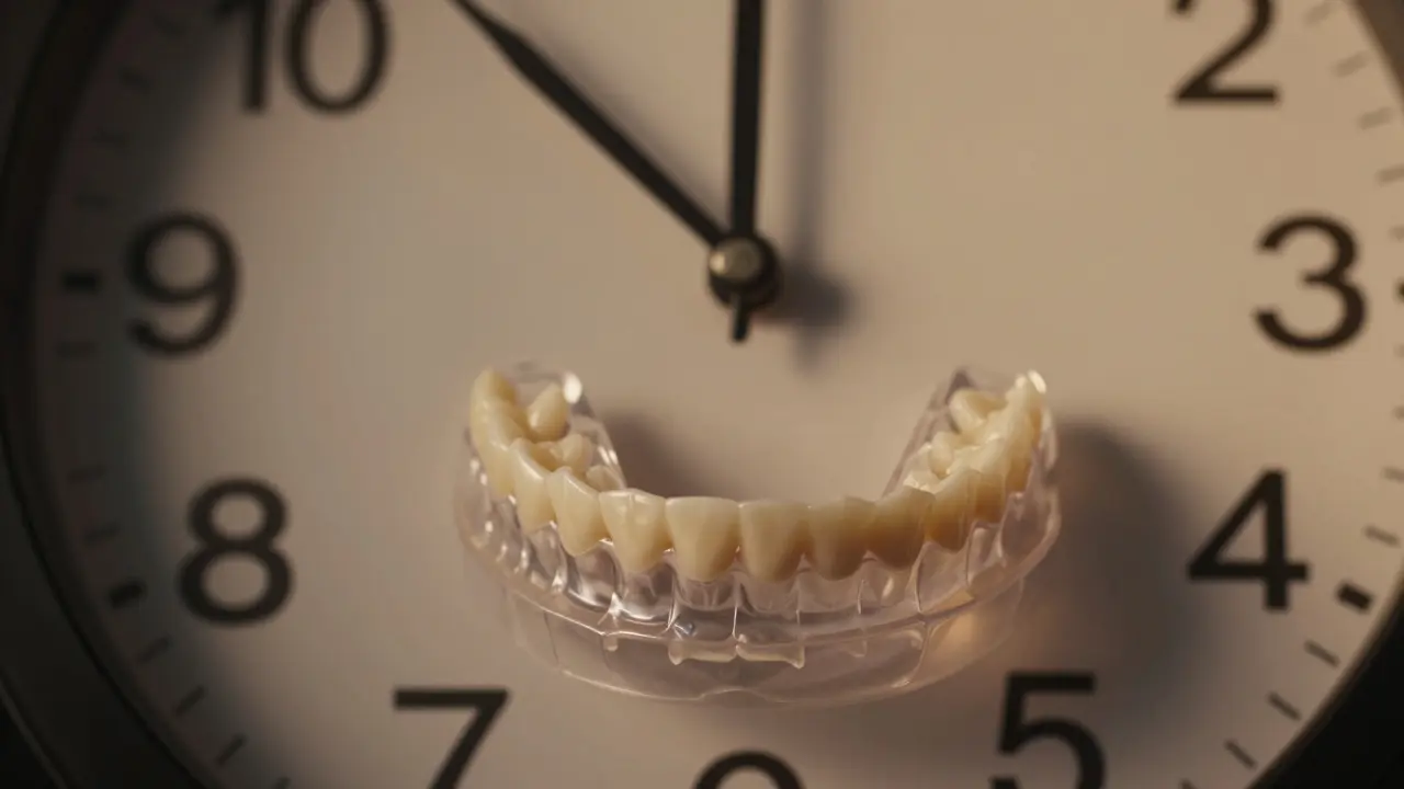 Hodiny s zuby namísto čísel, kde průhledná retence chrání dolní zuby jako ochranný štít.