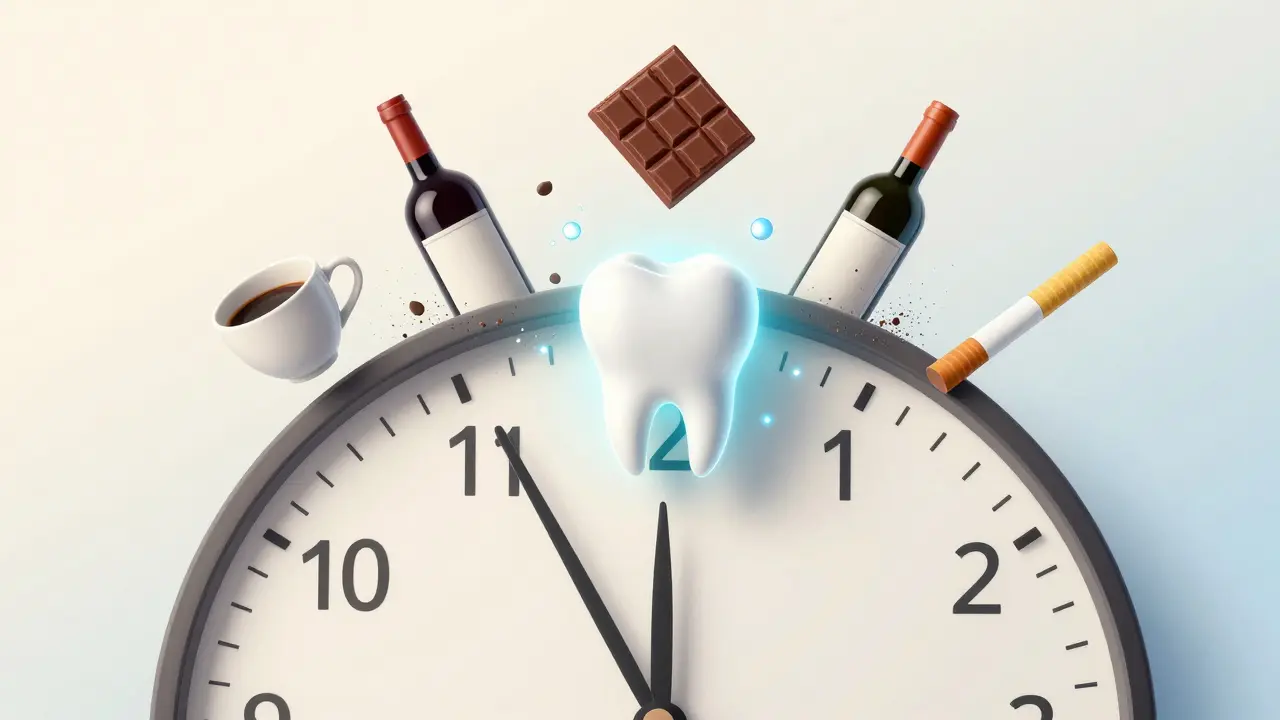 Hodiny ukazují 48 hodin, kolem nich káva, víno a čokoláda mizí, zatímco bílé zuby svítí.