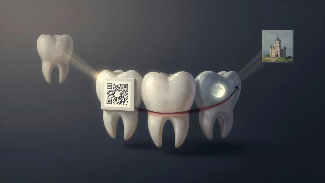 Human smile transformed into an artistic gallery of glowing, miniature designs on each tooth.