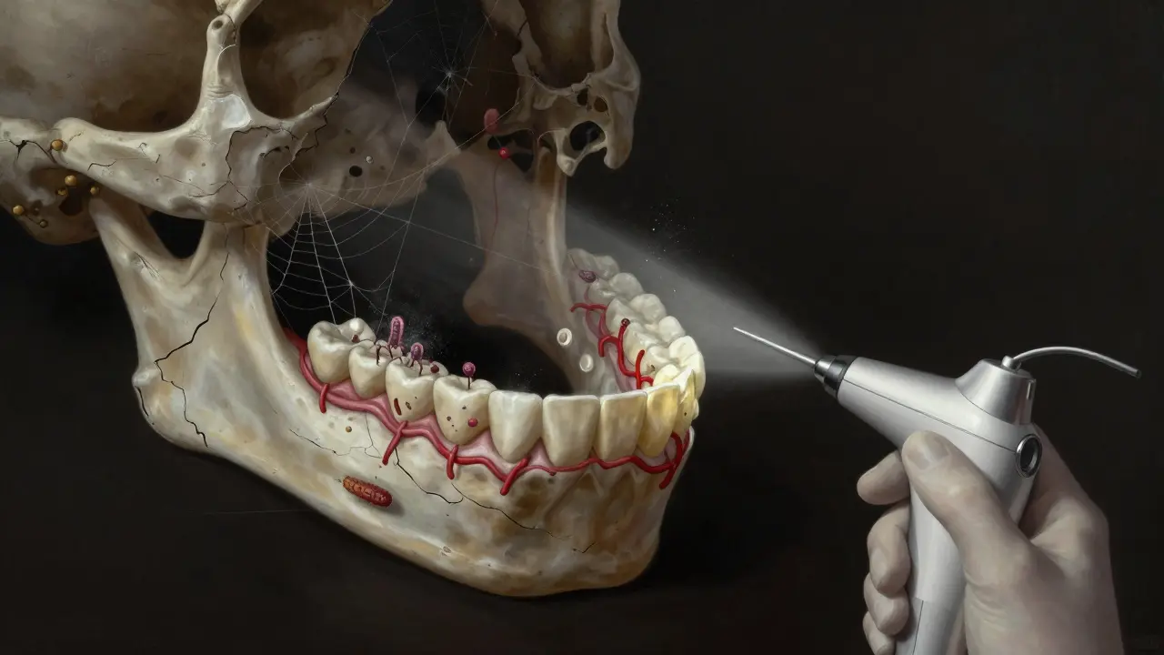 Kost kolem zubu se rozpadá, zub začíná padat, viditelné bakterie.