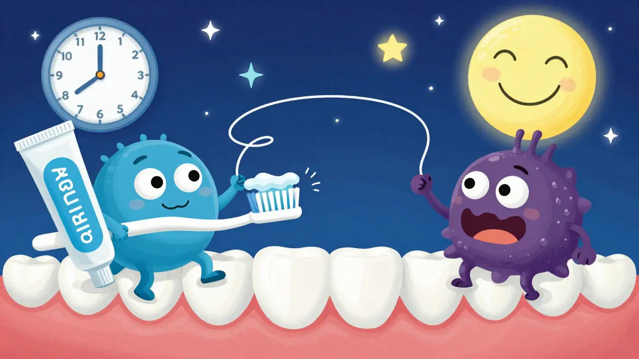 Kreslená scéna boje mezi kartáčky a zubním kamenem na zubech dítěte.