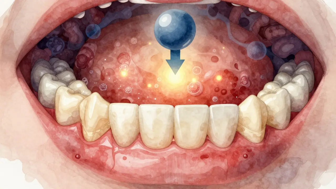 Křížový řez úst s zdravými a zánětlivými dásněmi a glukózovými molekulami.