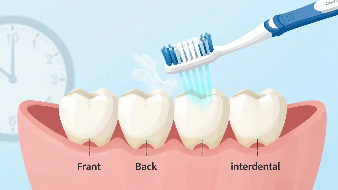 Náhled ústní dutiny s vyznačenými čtyřmi povrchy zubu a čistícími pohyby kartáčku, symbolizující úplné čištění.