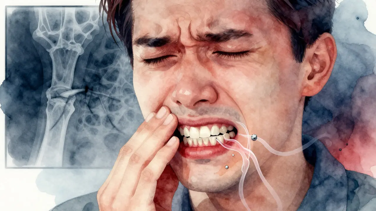 Osoba cítí bolest v předních zubech, pod dásněmi viditelný zánět.