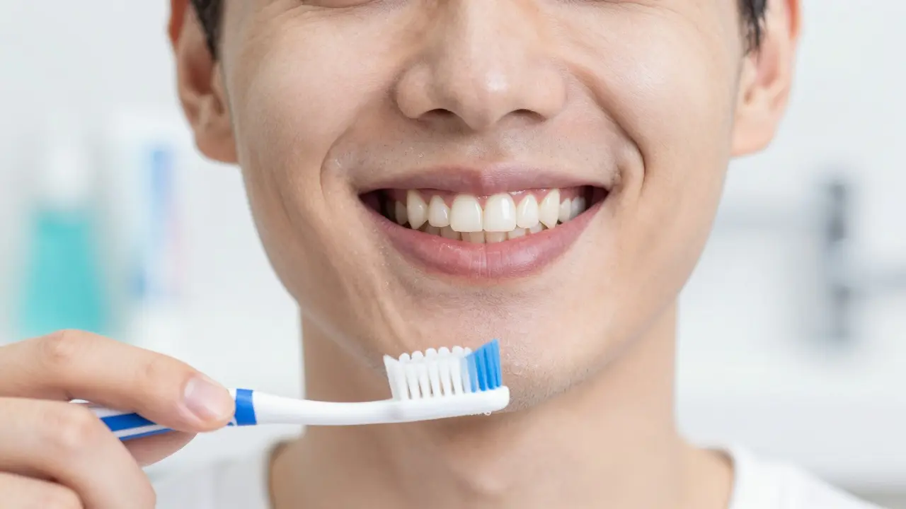 Pacient se usmívá s novým zubním můstkem a drží kartáček pro čištění.