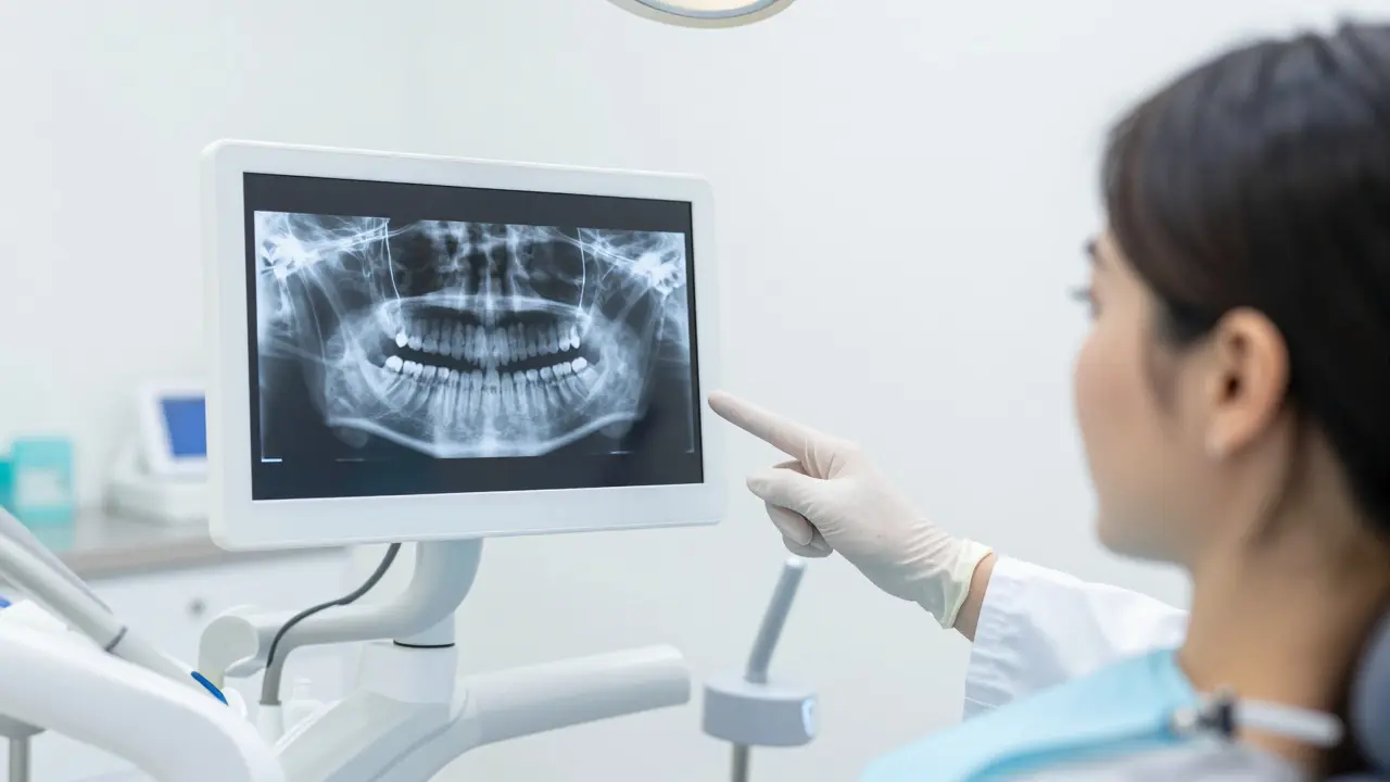 Pacient si prohlíží digitální rentgenový snímek s kazem mezi zuby u zubního lékaře.