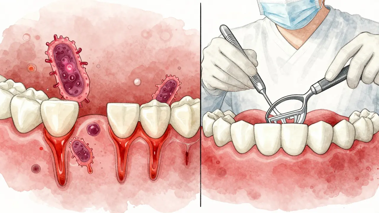 Porovnání zánětu dásní s plakem a čistými zuby po profesionálním čištění, symbolická ilustrace.