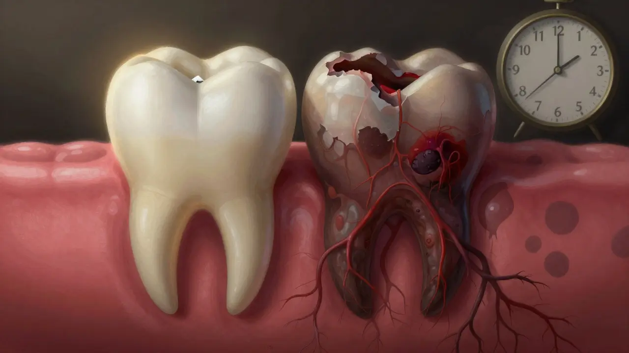 Porovnání zdravého a infikovaného zubu s časovou osou.