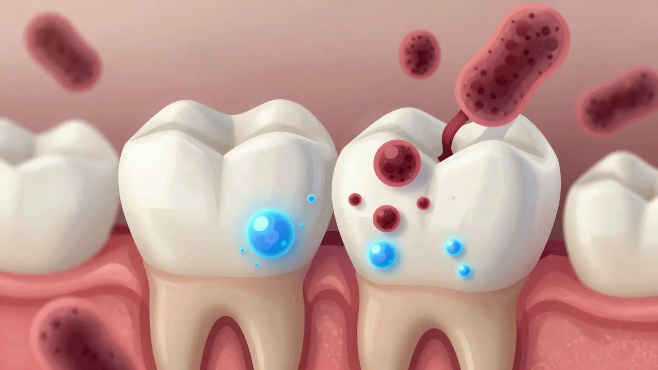 Příčný řez zubu s bakteriemi a fluoridem, který obnovuje sklovinu.