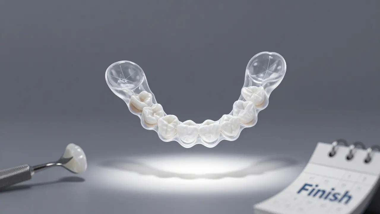 Průhledný aligner ve vzduchu s viditelným posunem zubů uvnitř, symbolizující ortodontickou léčbu.