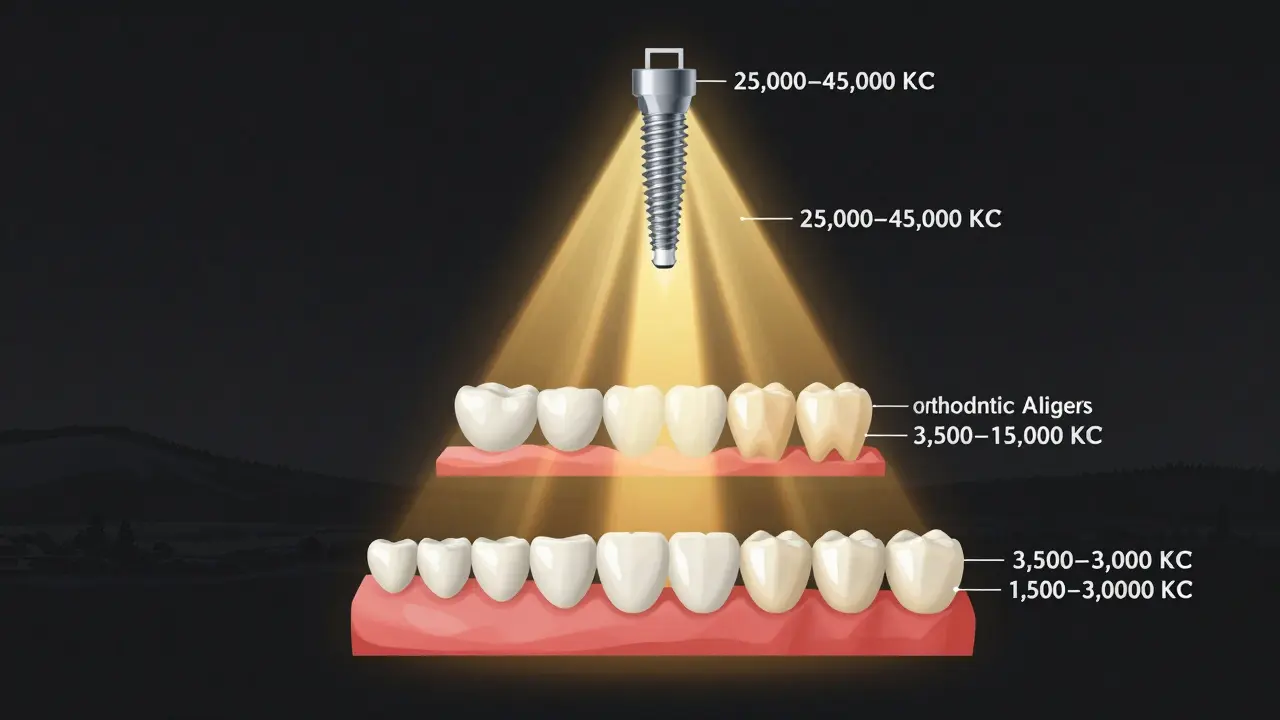Pyramida příjmů zubního lékaře s různými službami, od plomb po implantáty a ortodoncii.