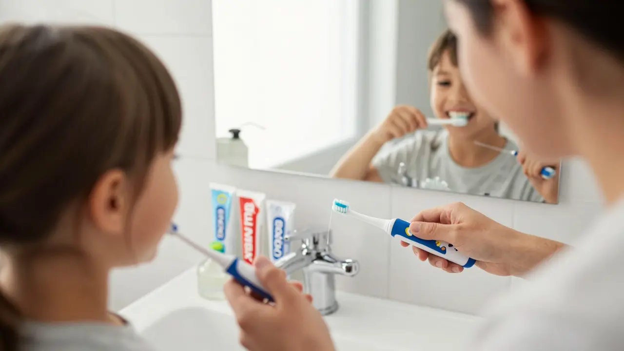 Rodič pomáhá dítěti čistit zuby ve vaně, elektrický kartáček a zubní nit jsou vidět.