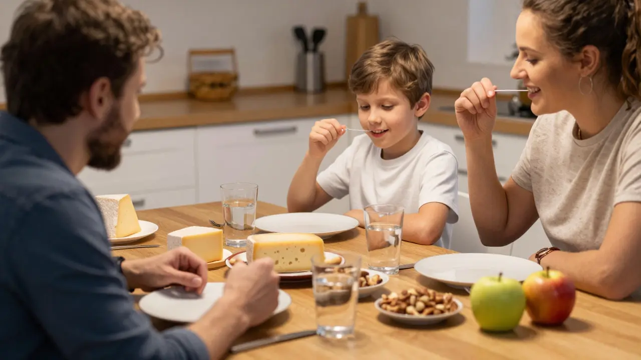 Rodina jí zdravé svačiny – sýr, oříšky a jablko – bez sladkých nápojů.