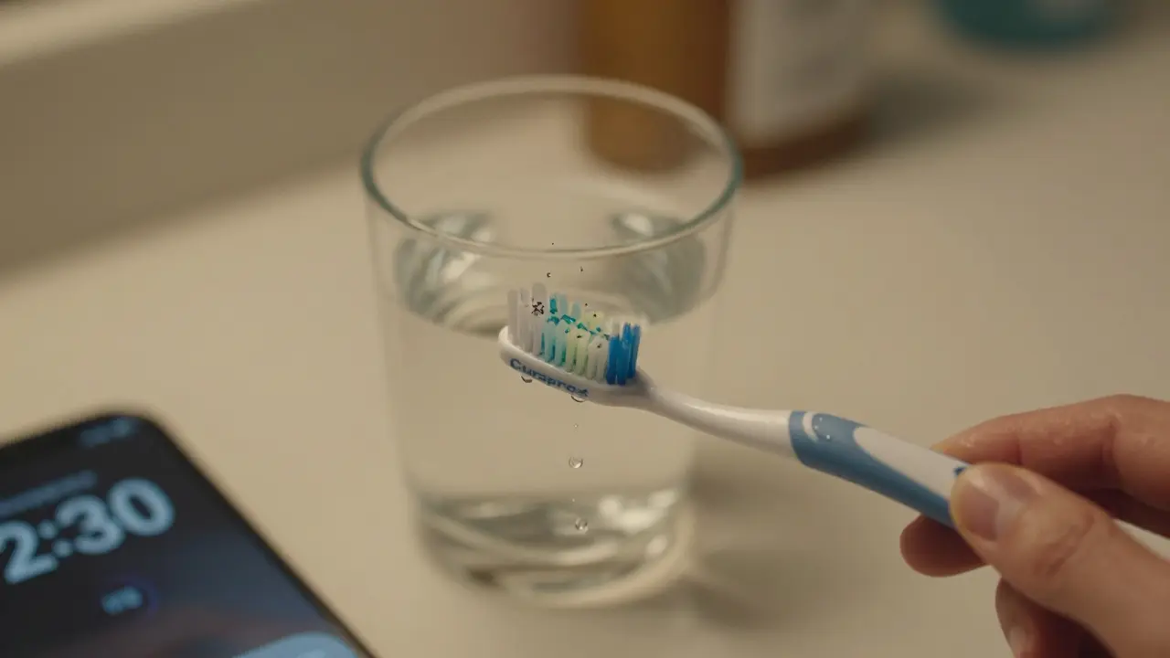 Ruka čistí zuby s ortodontickou aparáturou jemným kartáčkem, vedle je mobil s časovačem 2:30 a sklenice vody.