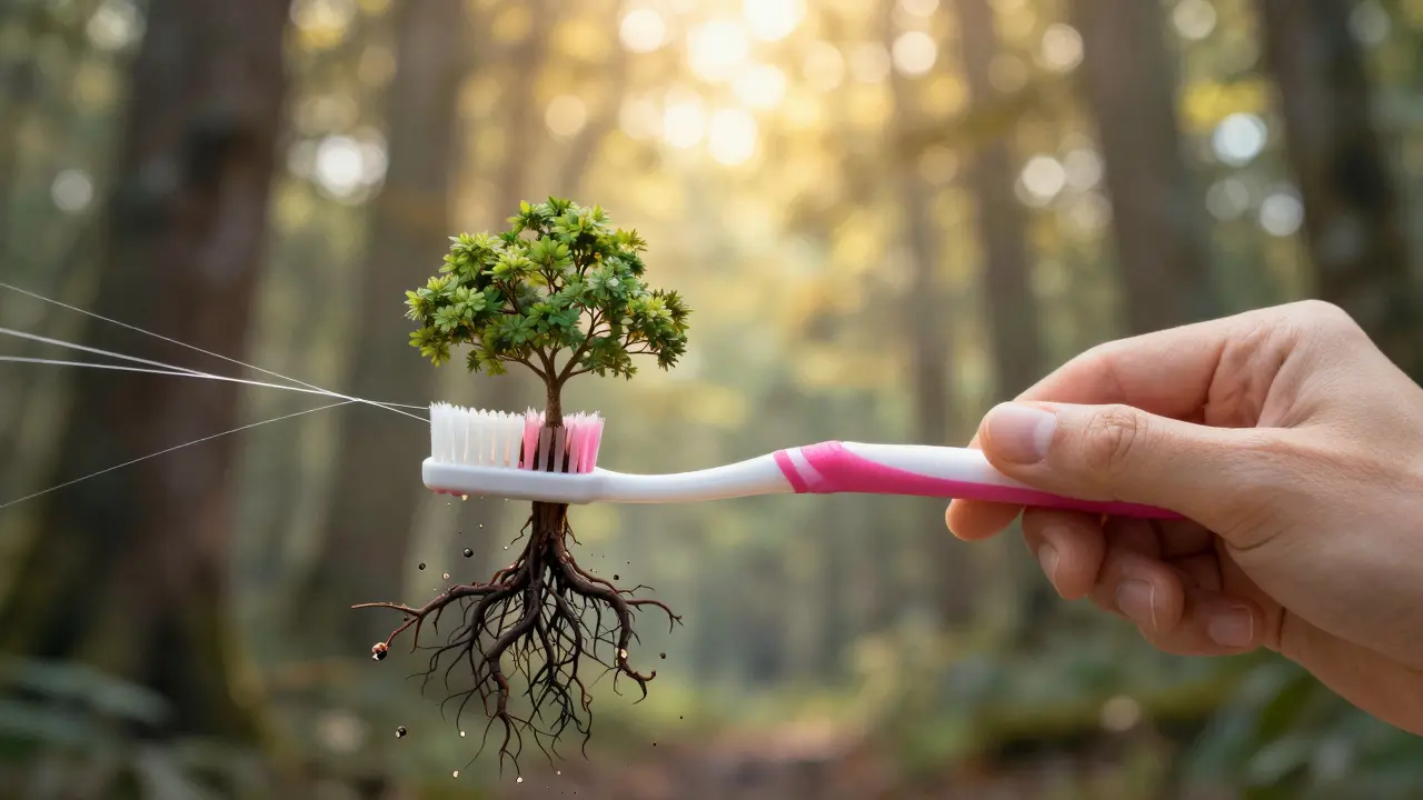 Ruka drží kartáček, jeho štětiny přeměněny na stromky rostoucí z zdravých dásní, plak se rozpadá.