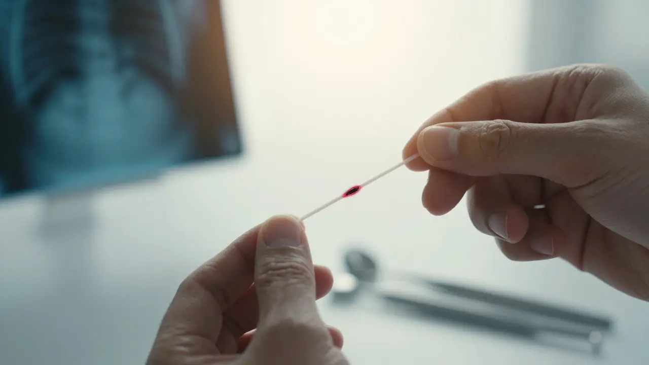 Ruka drží zubní nit mezi zuby, s viditelným skrytým poškozením pod povrchem.