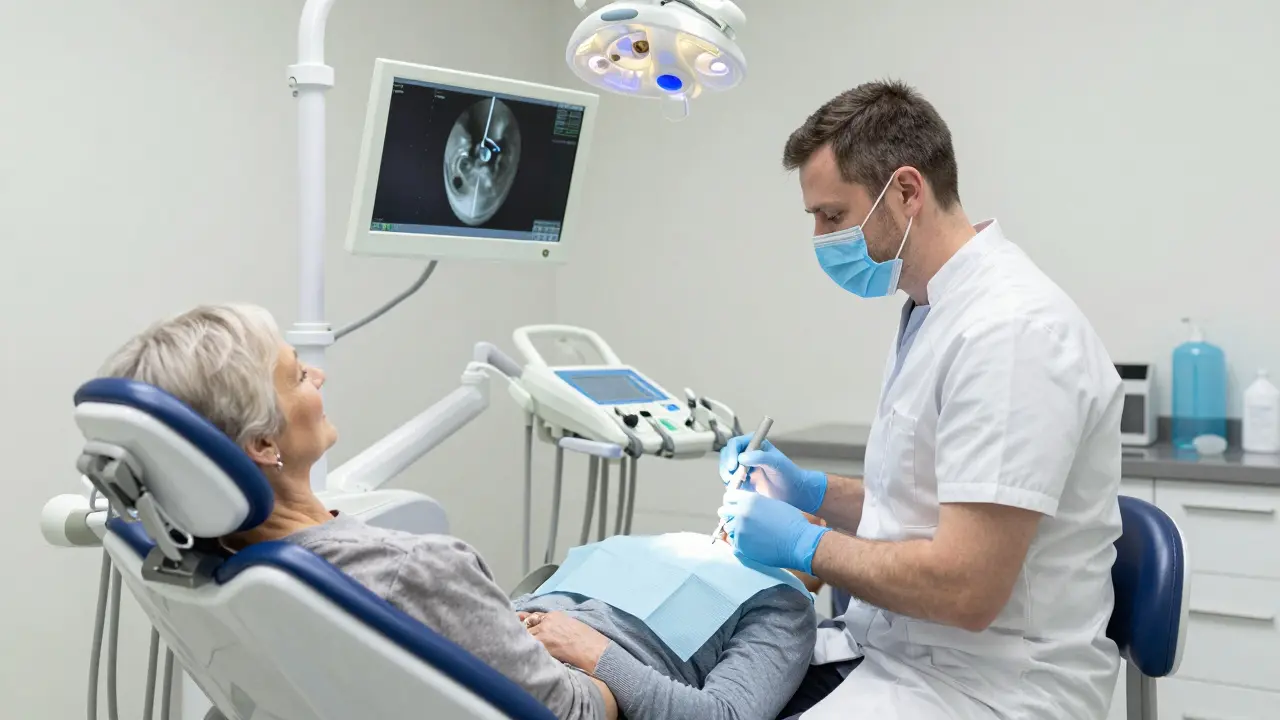 Senior v zubní klinice podstupuje bezbolestnou implantaci zubu pod místním anestetikem.