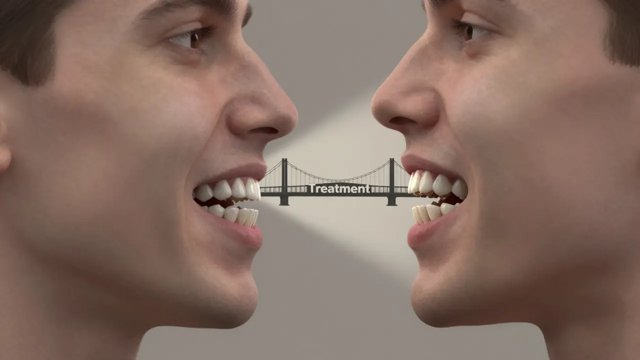 Srovnání zdravého a nesprávného příkousu v jedné kompozici.