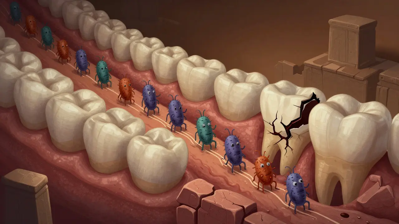 Symbolická ilustrace bakterií rozkládajících zubní sklovinu v nočním prostředí.