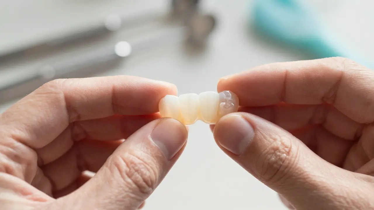 Tenká keramická fazeta odraží světlo vedle přirozeného zubu.