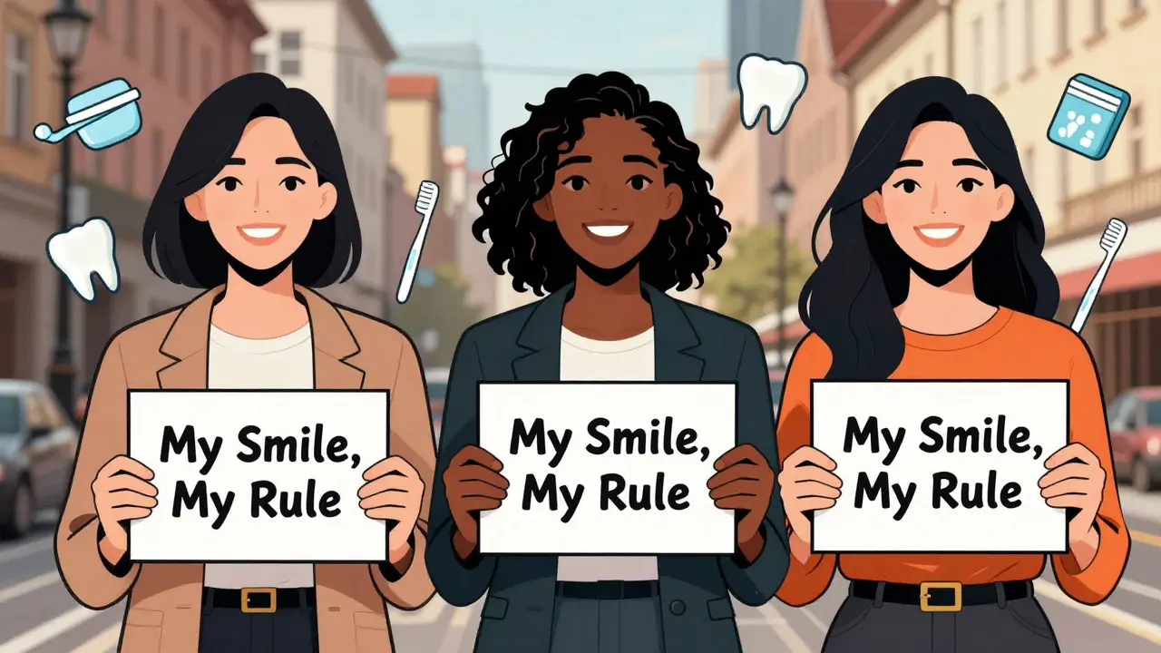 Tři různé ženy s mezerami mezi zuby v různých městech světa.