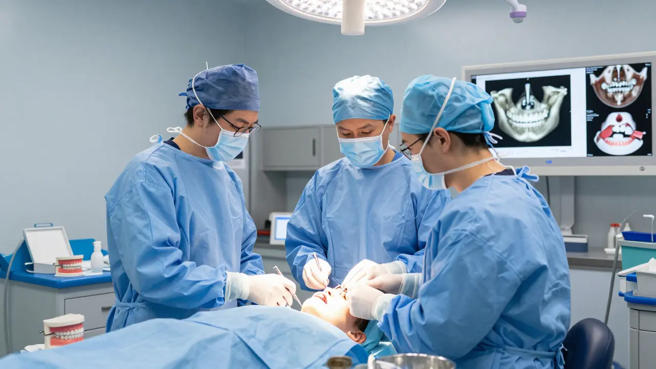 Tým chirurgů v české nemocnici provádí maxilofaciální operaci na dítěti pod anestézií.