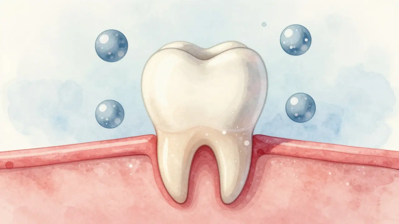 Vývoj trvalého zubu u dítěte s příznaky fluorózy ve formě symbolických bílých skvrn.