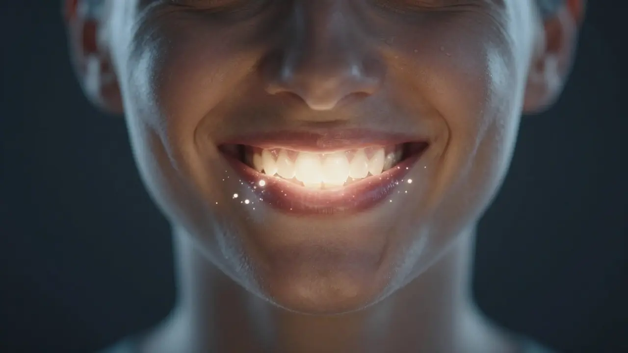 Zářivý úsměv s abstraktními částicemi pronikajícími do skloviny.