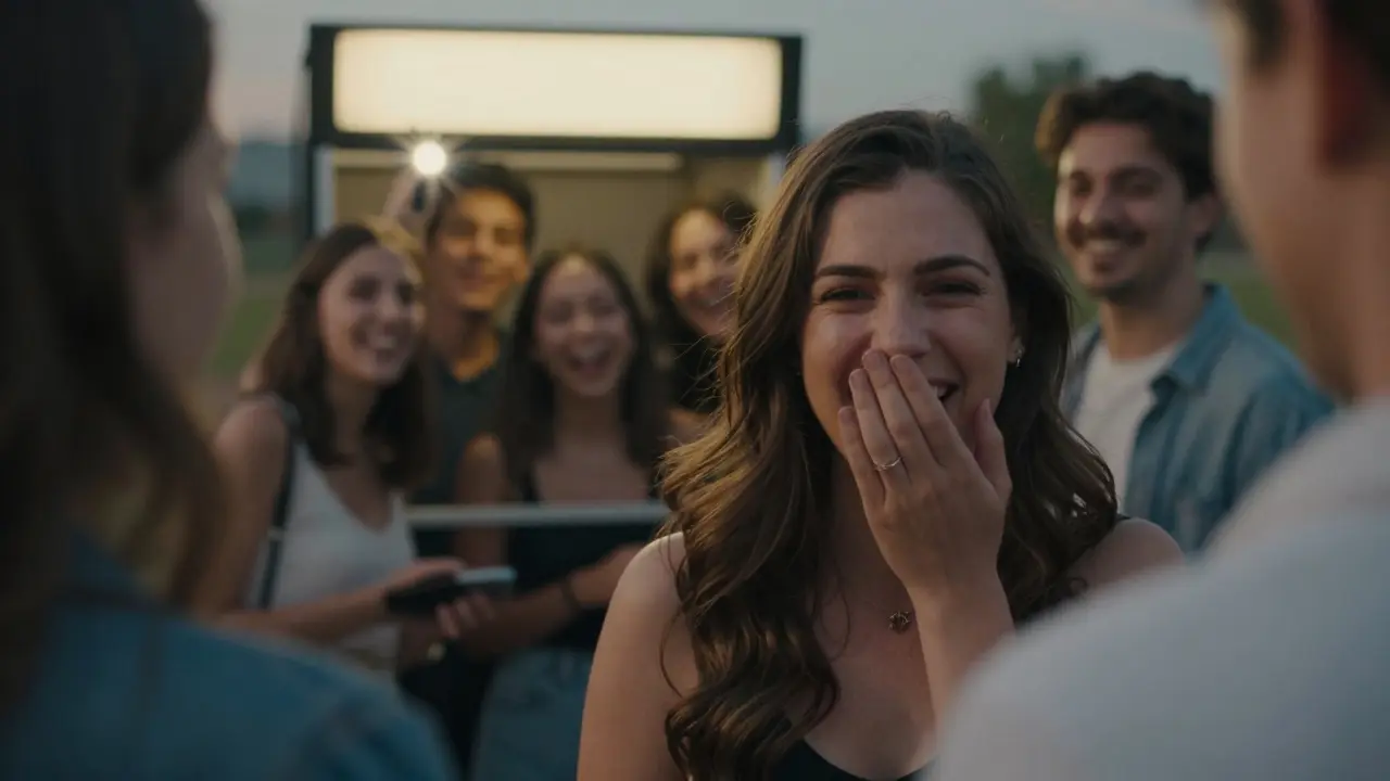 Žena při sociální schůzce přikrývá ústa rukou, když se směje.