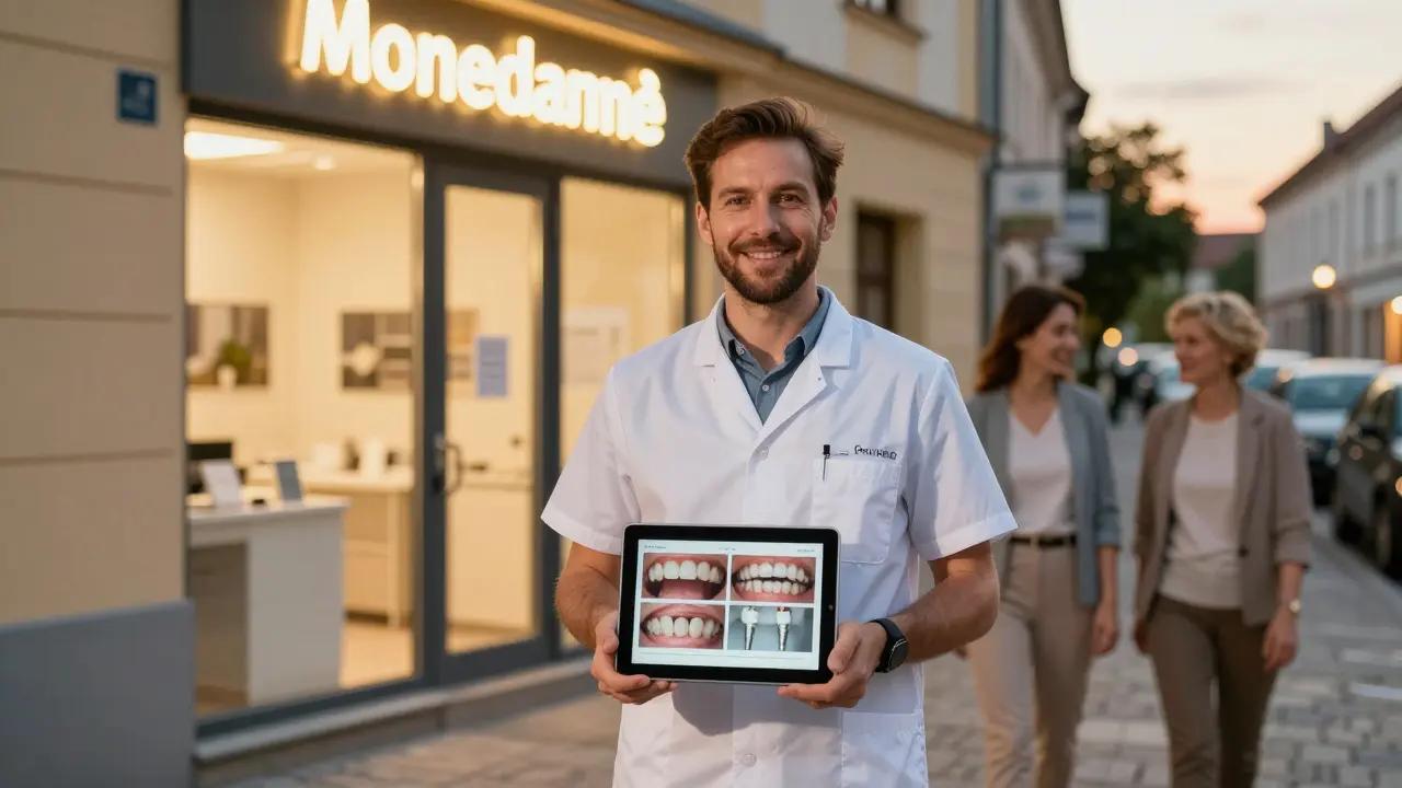 Zubař stojí před vlastní klinikou s tabletou zobrazující před a po fotkách zubních úprav.