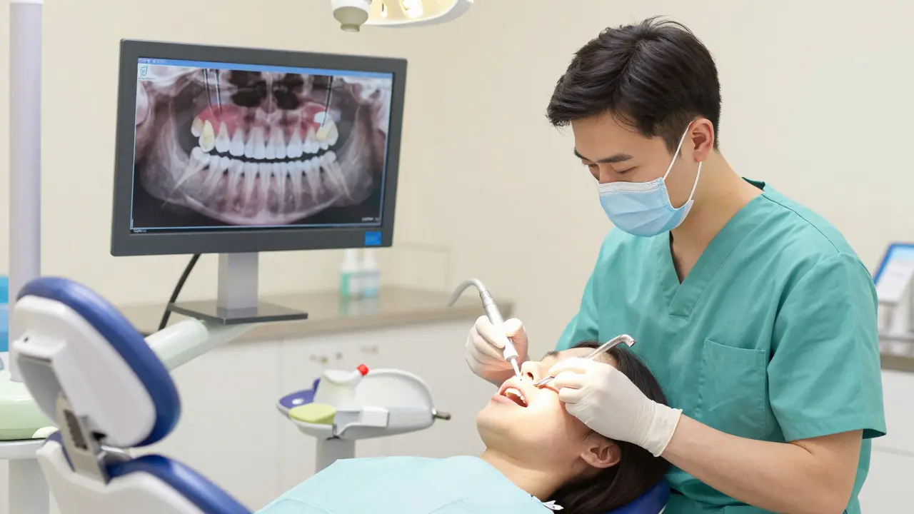 Zubní hygienistka čistí veneers speciálním nástrojem v klinice.