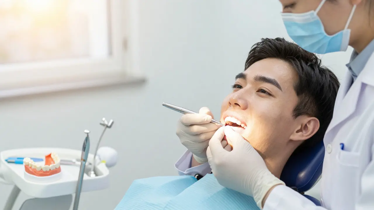 Zubní lékař aplikuje materiál pro přizpůsobení protézy pacientovi.