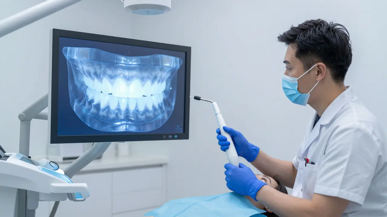 Zubní lékař používá 3D skener k návrhu nového úsměvu pacienta.