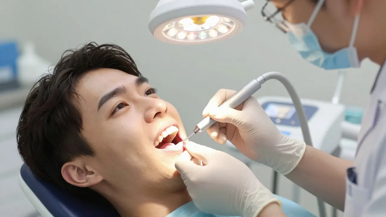 Zubní lékař provádí mikroabrazii na zubech pacienta v klinice.