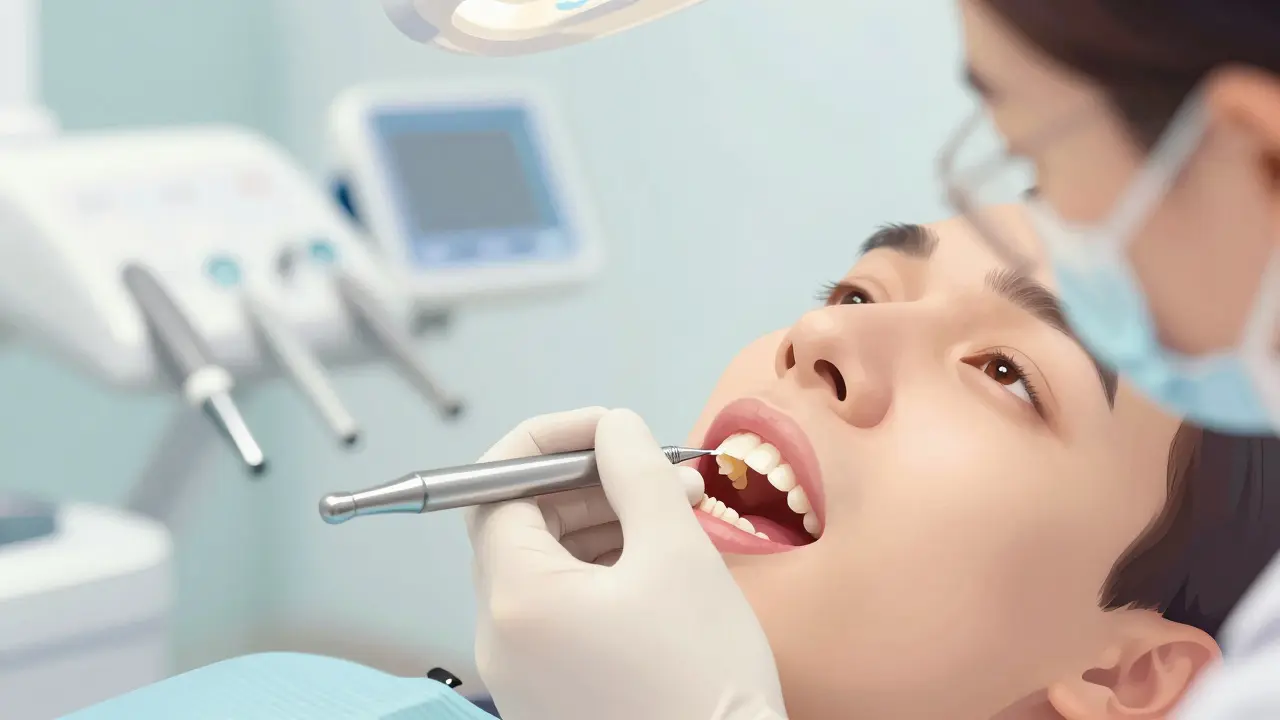 Zubní lékař upravuje plombu pomocí papírového proužku.