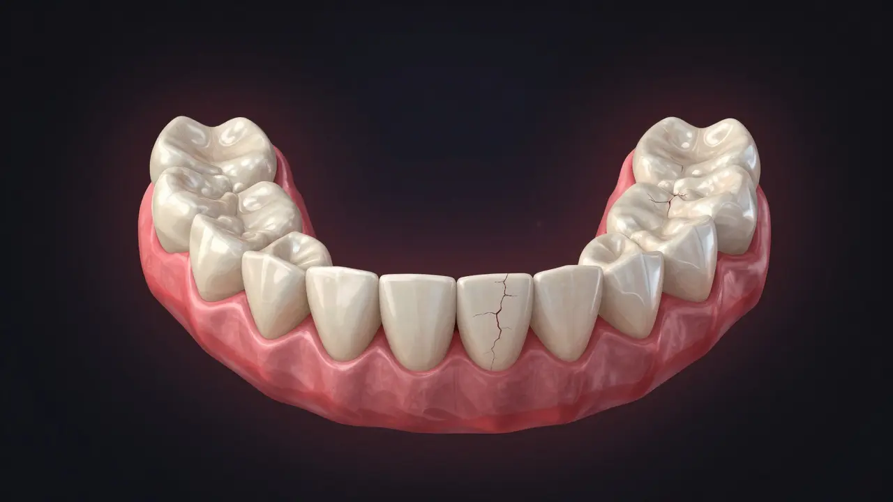 Zubní protéza nad čelistí s viditelnou ztrátou kosti a zánětem.