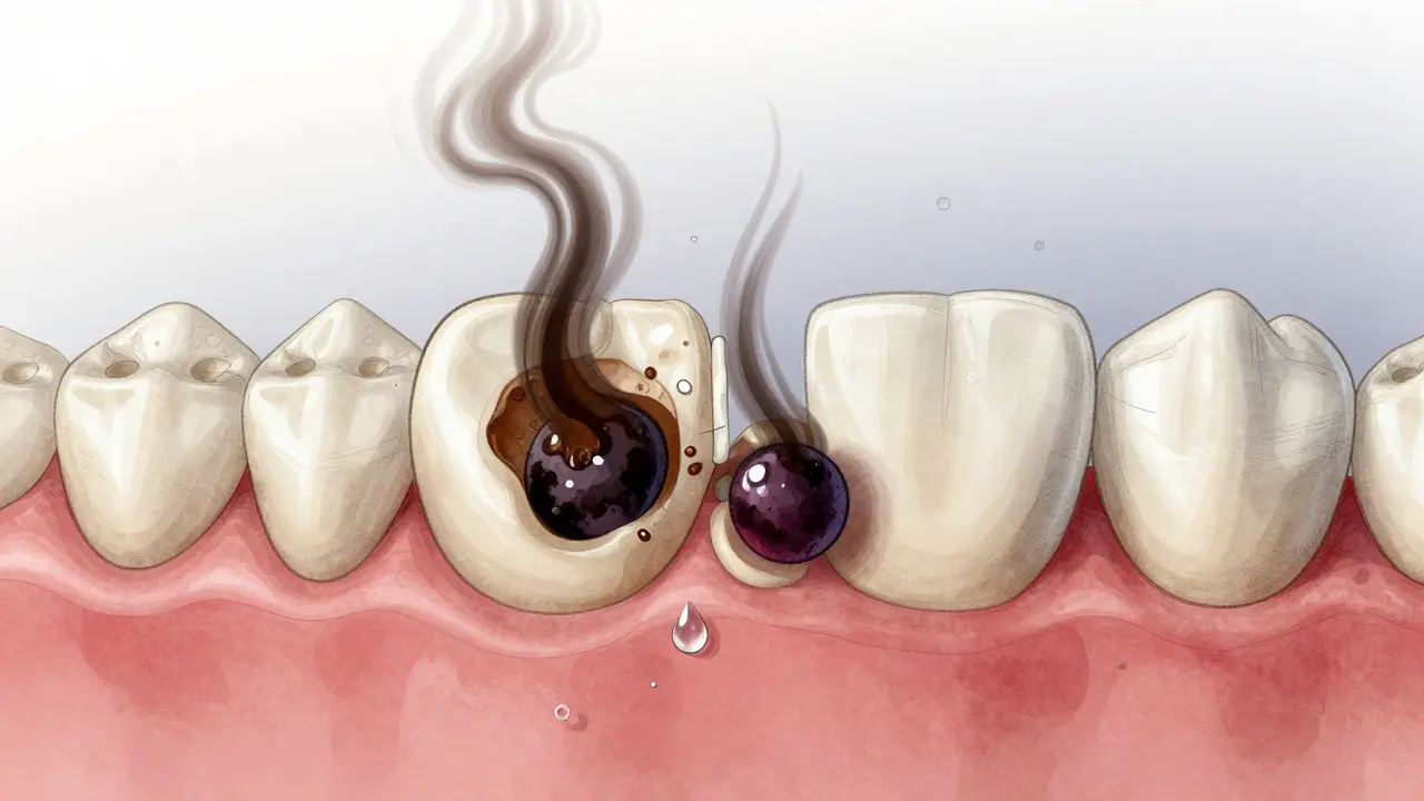 Zvětšené zuby s otevřenými mikrotrhlinami, do kterých vstřebávají barviva z kávy a vína.