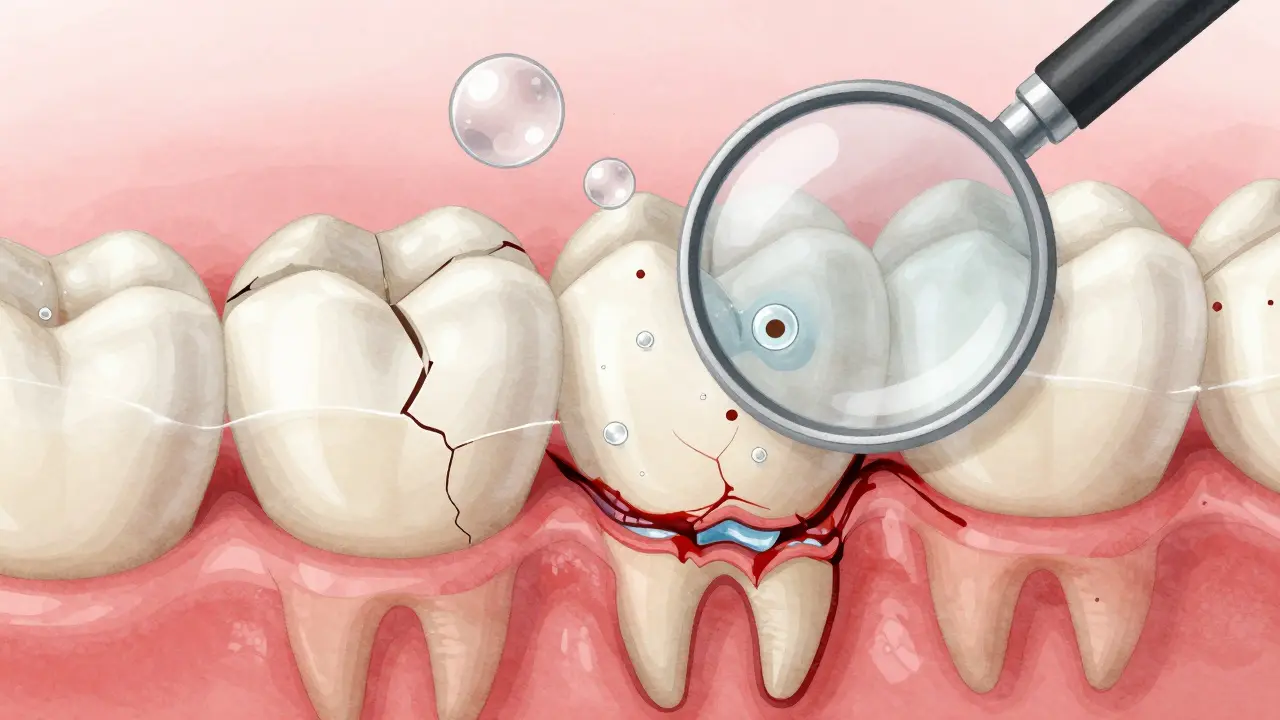 Zvětšený pohled na poškozenou sklovinu zubu s pronikajícími molekulami bělícího gelu a poškozenými dásněmi.