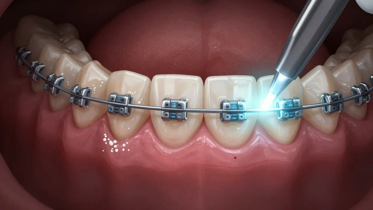 Blízký pohled na zuby s rovnátky a bílými skvrnami, s fluoridovou terapií jako světelným zářením.