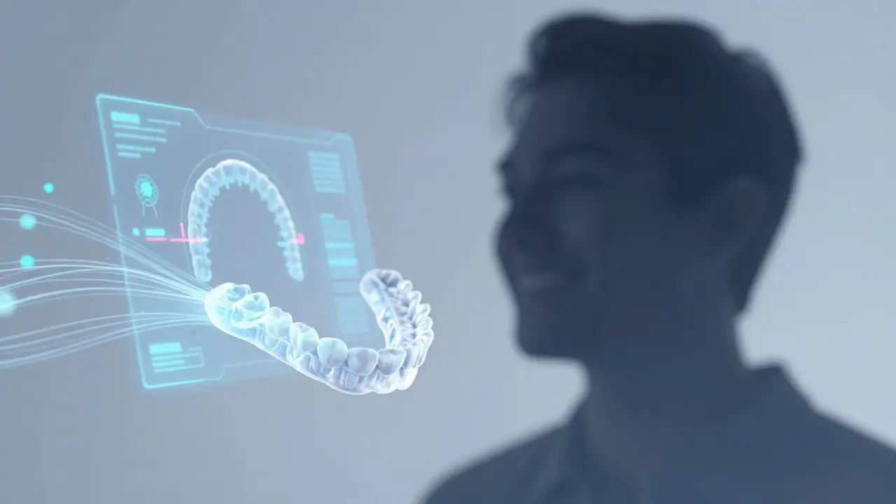 Chytrá snímací rovnátka s datovými proudy a holografickým rozhraním představující budoucnost ortodontie.