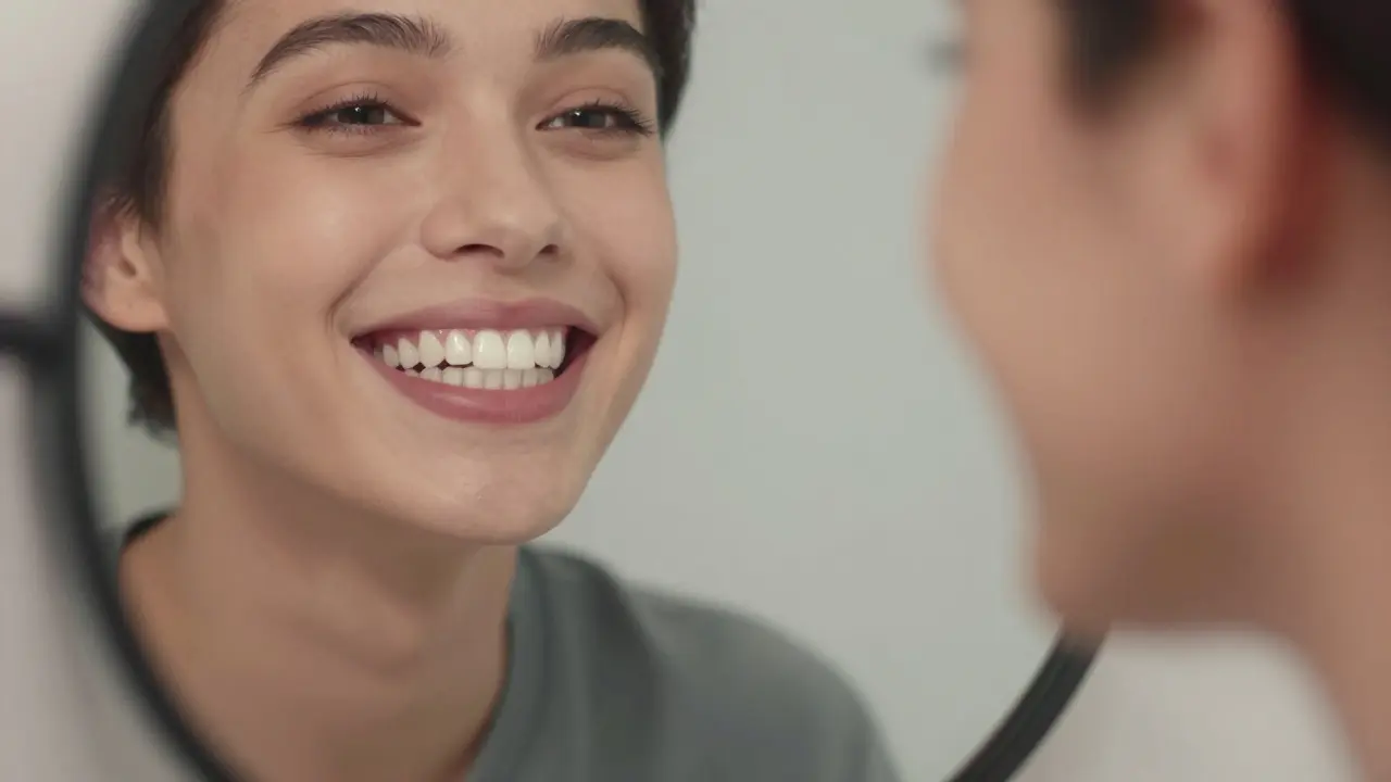 Člověk se dívá do zrcadla a jeho úsměv ukazuje nerovnoměrné bělení zubů s nezměněnými plombami.